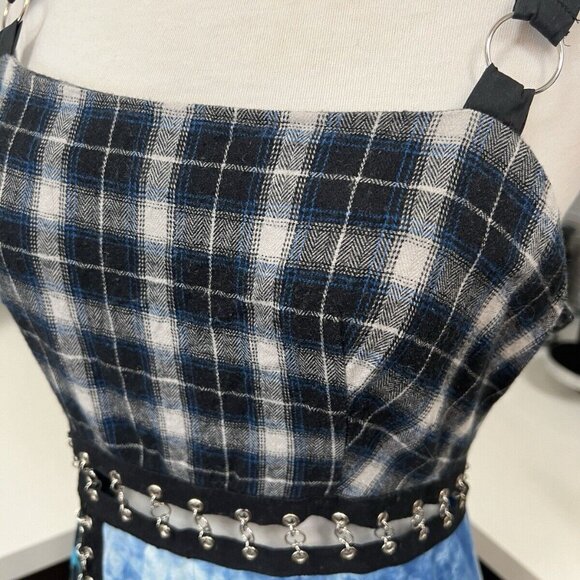 Current Mood Dolls Kill Plaid Patchwork Mini Dress Size M Medium Blue - Picture 8 of 8